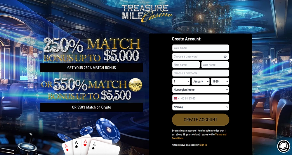 treasure mile casino website