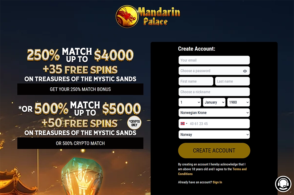 mandarin palace casino website